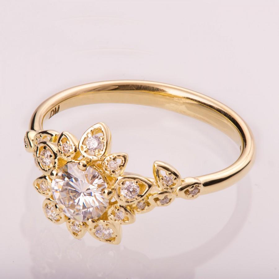 Wedding - Diamond Art Deco Petal Engagement Ring No.2B - 14K Gold and Diamond engagement ring, leaf ring, flower ring, antique, vintage, halo ring