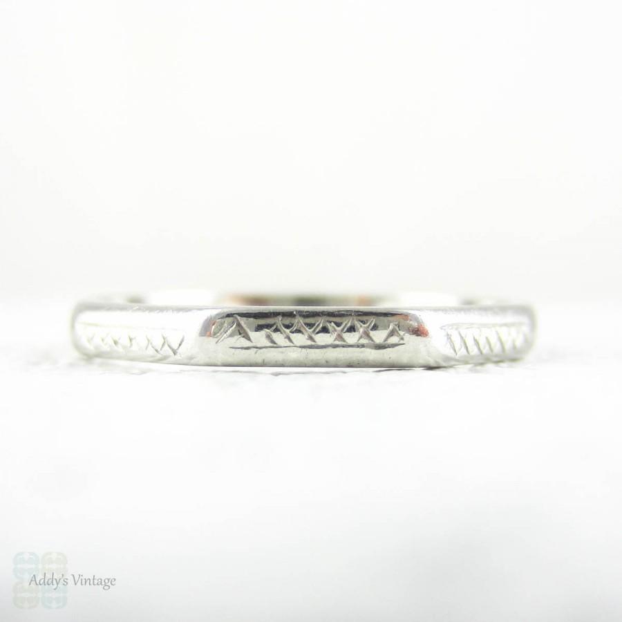 Wedding - 1940s Narrow Platinum Wedding Ring, Octagonal Faceted Wedding Band with Engraved Cross Hatch Design. Mid 20th Century, Size N / 6.75.