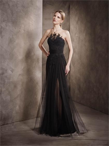 Свадьба - A-line Sweetheart Appliques With Belt Black Tulle Satin Prom Dress PD3349