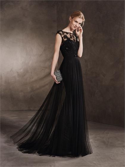 زفاف - A-line Scoop Neckline Illusion Lace Appliqures with Belt Black Prom Dress PD3355