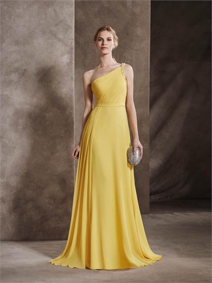زفاف - One Shoulder A-line Beaded Straps Ruched Bodice Floor Length Chiffon Prom Dress PD3355