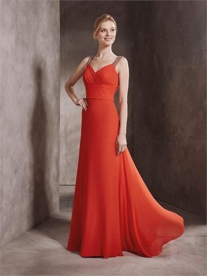 زفاف - A-line Empire Waist Ruched Bodice Beaded Straps Chiffon Prom Dress PD3348