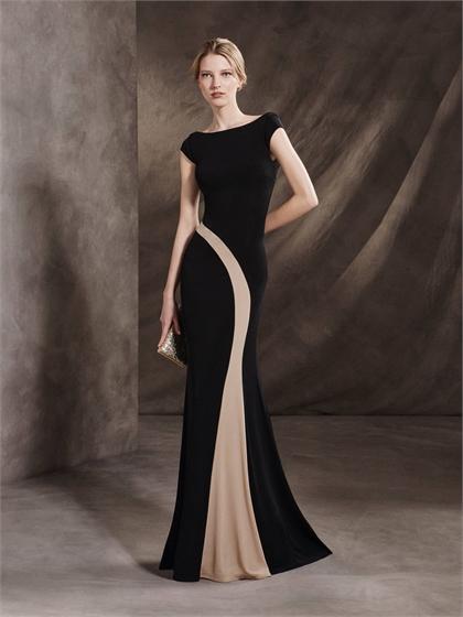 Mariage - Corset Sheath Cap Sleeves Floor Length Black Chiffon Prom Dress PD3340