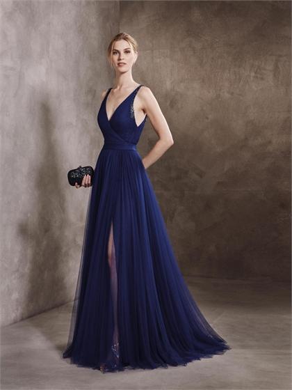 زفاف - Sexy V-neck with Straps Backless High Slit Blue Prom Dress PD3338