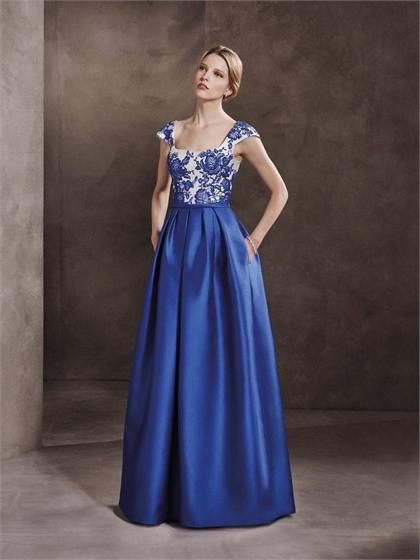 زفاف - A-line with Cap Sleeves Square Neckline Appliques Blue Prom Dress PD3337