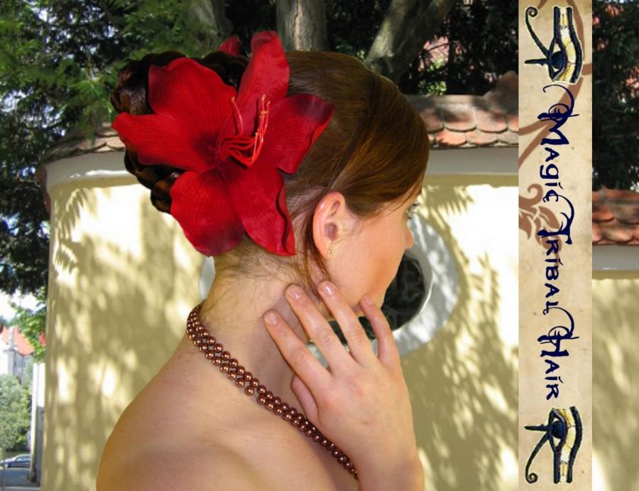 زفاف - 2 x large HAIR FLOWER red LILY fascinator Tribal Fusion Belly Dance costume accessory Wedding Flower Girl bridesmaids hair jewelry