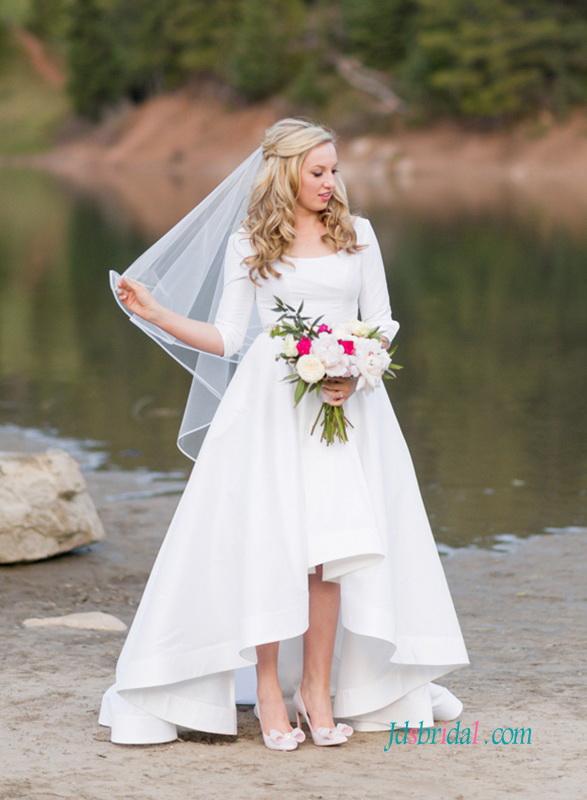 زفاف - Simple high low hemline taffeta wedding dress with sleeves