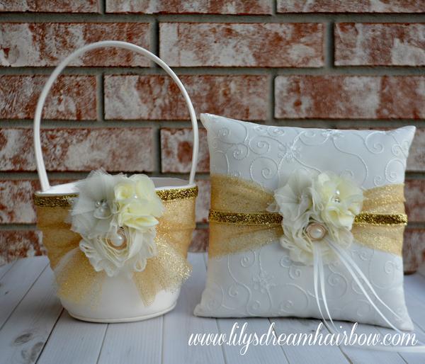 Wedding - Ivory and Gold flower girl basket and pillow