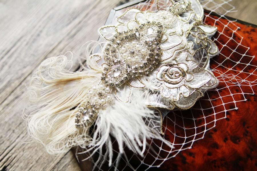 Wedding - Bridal Veil Bridal Hair Comb - Birdcage Veil Headpiece - Wedding Hair Accessories Fascinator Art Deco Vintage Gold Ivory Rose Flower