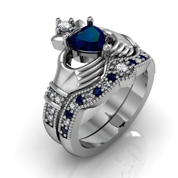 زفاف - Blue Sapphire Engagement Ring -  Claddagh  Love and Friendship Engagement Ring Set, Promise Ring Set, Wedding Ring Set