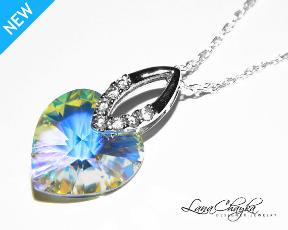 Mariage - Aurora Borealis Heart Crystal Necklace 925 Sterling Silver CZ Heart Necklace Swarovski Heart Crystal Necklace Wedding Jewelry Bridal Jewelry