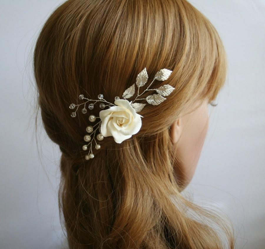 زفاف - Rose hair pin, Rose hair flower, Wedding flower hair pin, Bridal flower hair pin, Bridal hair clip, Leaf hair clip, flower hair pin