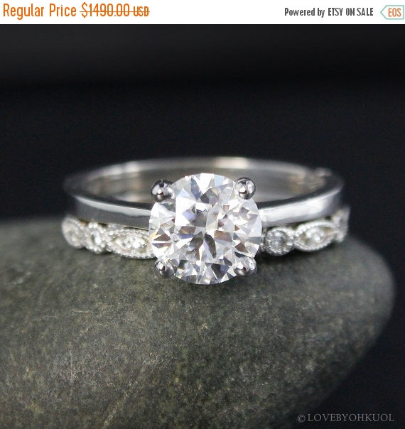 Wedding - BLACK FRIDAY SALE Forever One Round Brilliant Cut Moissanite Solitaire Engagement Ring - Vintage Miligrain Wedding Band - 14kt White Gold