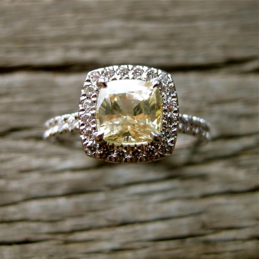 Hochzeit - Champagne Ocher Sapphire Engagement Ring with Diamonds in 18K White Gold Size 7