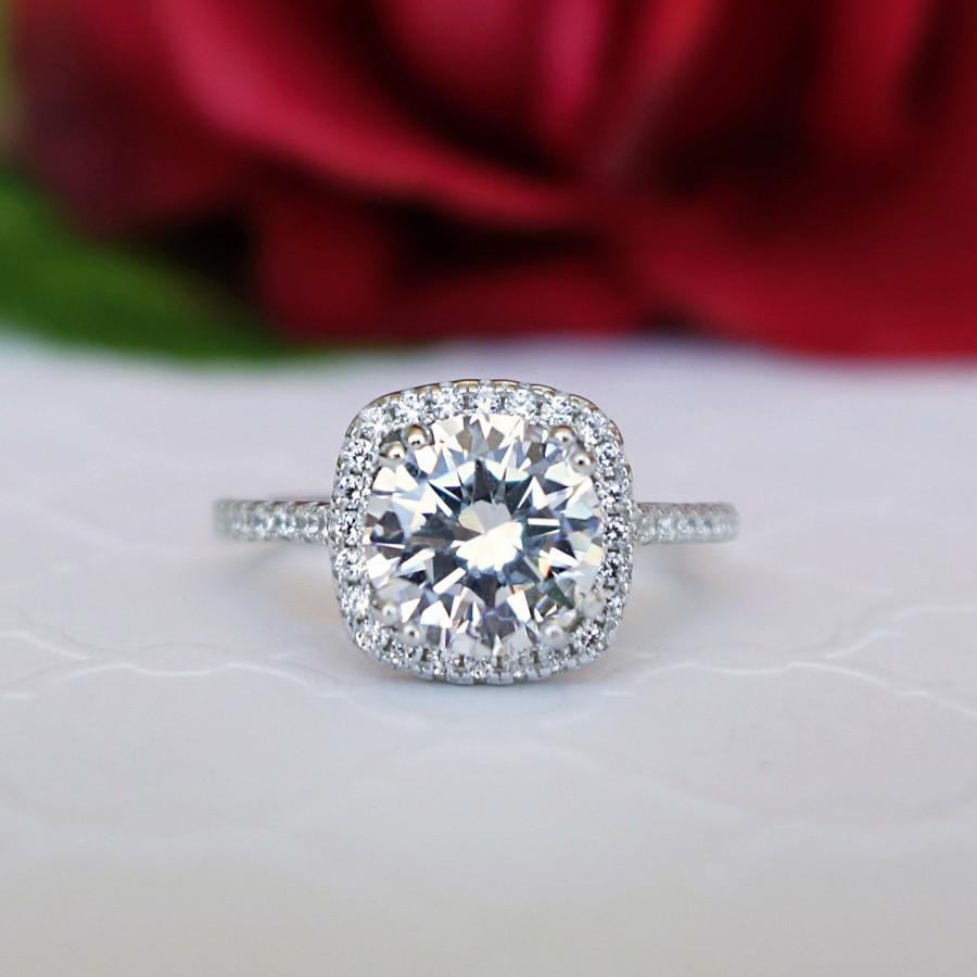 Hochzeit - New! 2.25 ctw Classic Square Halo Engagement Ring, Man Made Diamond Simulant, Half Eternity Band, Halo Ring, Wedding Ring, Sterling Silver