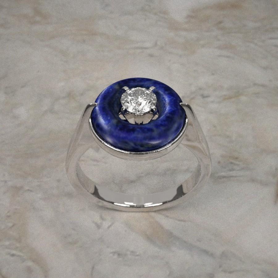 زفاف - Unique 14K White Gold Diamond and Lapis Ring