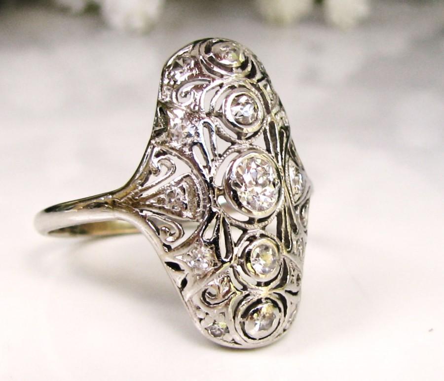 Mariage - Platinum Edwardian Art Deco Engagement Ring Old Mine Cut Diamond Filigree Navette Antique Engagement Ring 0.50ctw Diamond Wedding Ring