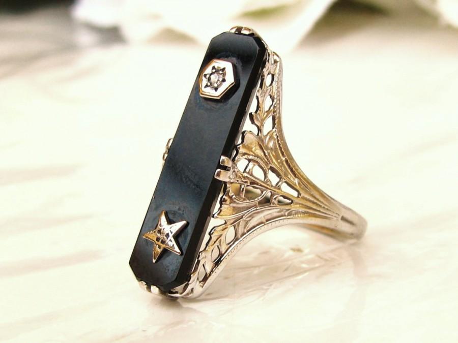 زفاف - Antique Order of the Eastern Star Ring Antique Onyx Ring 14K White Gold Filigree Ring Masonic Woman's Ring Size 7
