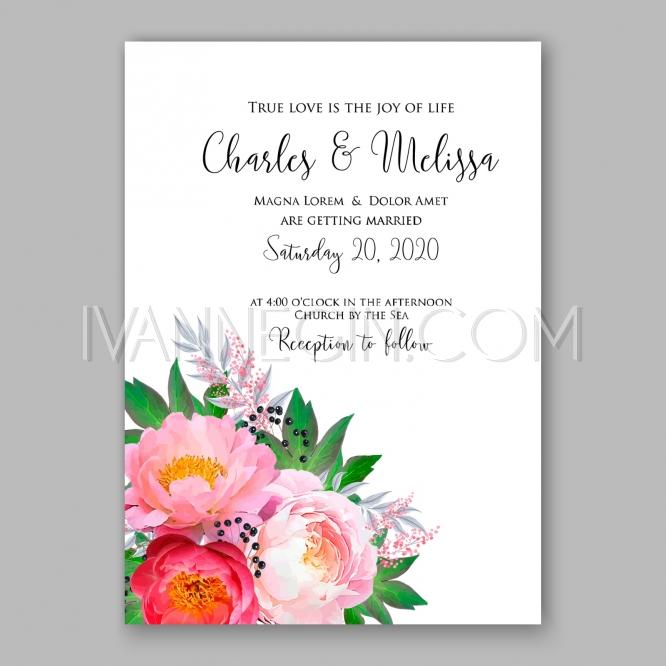 Hochzeit - Peony Wedding Invitation watercolor floral vector - Unique vector illustrations, christmas cards, wedding invitations, images and photos by Ivan Negin