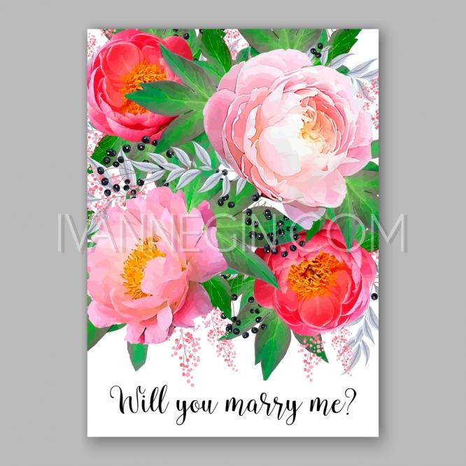 Mariage - Peony Wedding Invitation watercolor floral vector - Unique vector illustrations, christmas cards, wedding invitations, images and photos by Ivan Negin