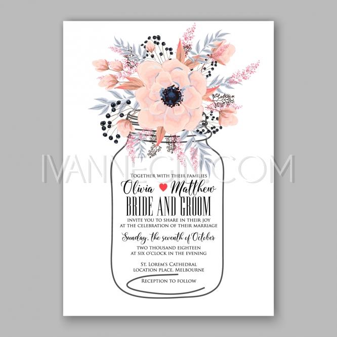 Hochzeit - Wedding Invitation Floral Bridal Wreath with pink flowers Anemones - Unique vector illustrations, christmas cards, wedding invitations, images and photos by Ivan Negin