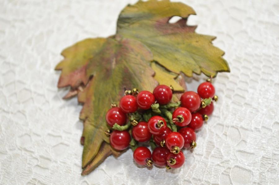 Hochzeit - Rustic Multicolor Leather and Coral Jewelry Brooch. The Branch of Viburnum Brooch. Natural Eco Style Falling Leaves Autumn Brooch.