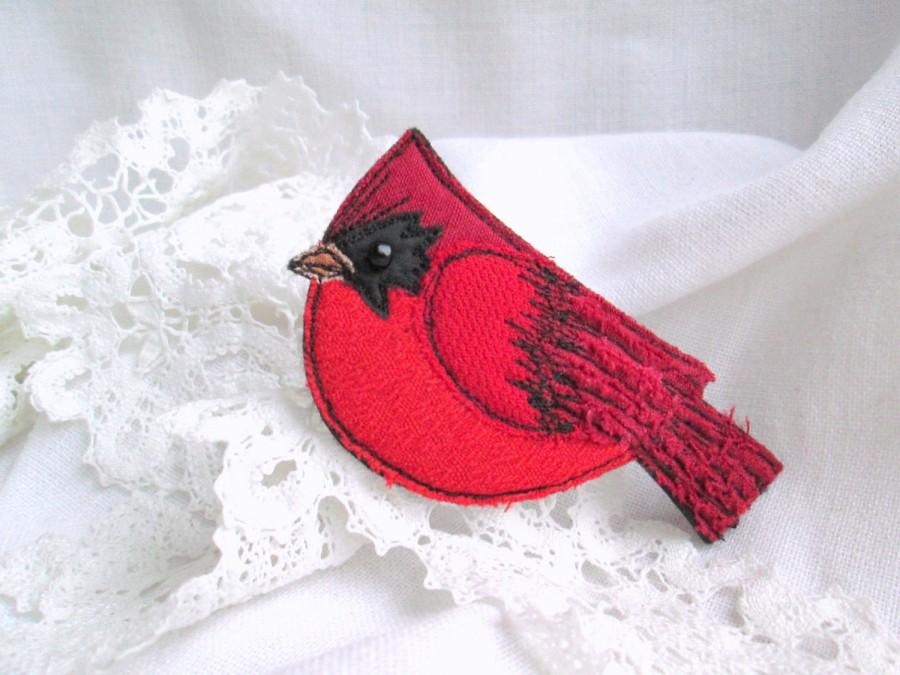 Wedding - Bird Brooch.Red Cardinal.Textile Brooch.Stitching Bird Brooch.Christmas Gift.Bird Miniature Brooch.Embroidered Bird.Winter Bird. Bird Pin.