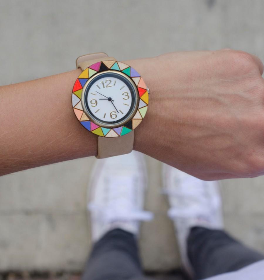 زفاف - Handpainted Watches - Round -Triangles, gift for her, women's accessories, IN Stock - ships out in 1-3 business days!