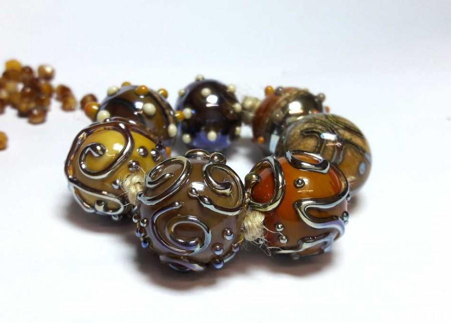 Свадьба - Lampwork Glass bead handmade Beads beige, brown, ivory.