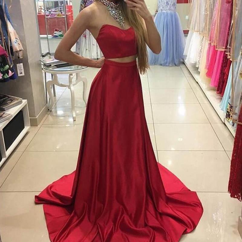 Hochzeit - Fabulous Two Piece Red Prom Dress - Halter Sleeveless Sweep Train with Beading