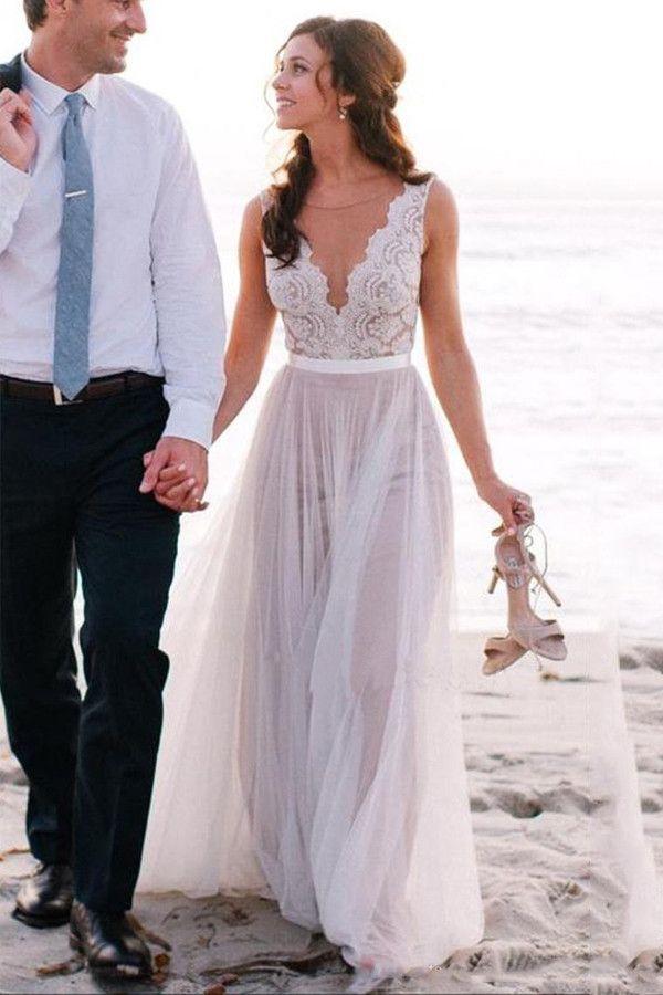 Свадьба - Elegant Scoop Neck Lace A Line Tulles Beach Wedding Dress WD034
