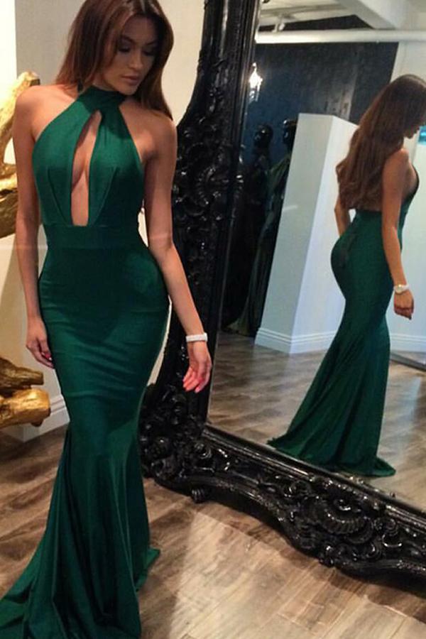 Mariage - Sexy Halter Sleeveless Keyhole Long Green Mermaid Prom Dress Backless