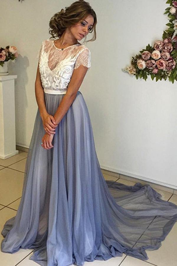 زفاف - Trendy Scoop Neckline Cap Sleeves Long Blue Chiffon Prom Dress with Lace Backless