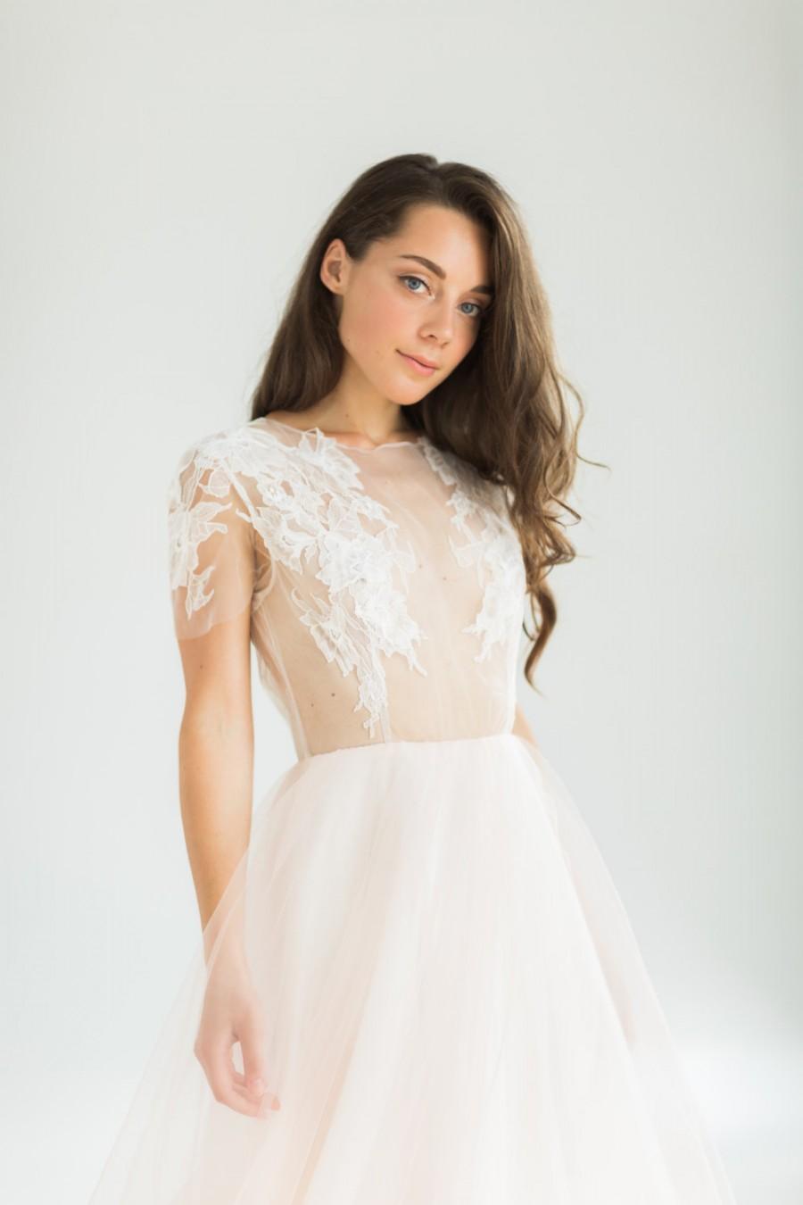 Свадьба - Romantic ball gown peach wedding dress with sheer bodice with handmade lace decoration // Persica wedding dress