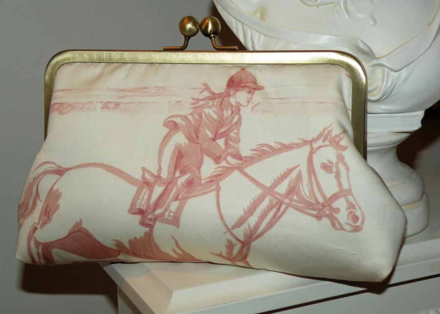 زفاف - Equestrian Clutch/Purse/Bag..Bridal Gift..Horse and Rider Jumper Lining..Pink with Cream..Cream with Gray Cotton Designer Toile Fabric