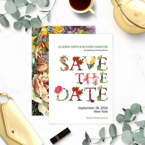 زفاف - Modern Typography Save the Date-Floral Typo Save the Date-Botanical Typography-Spring Wedding-DIY Printable-Contemporary Typo