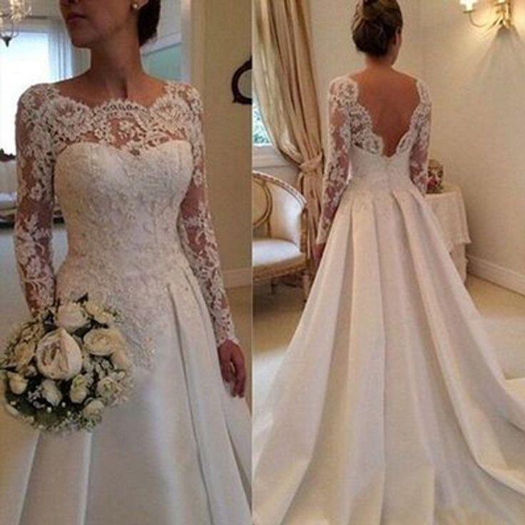 زفاف - Long A-line Full Length Round Neck Long Sleeve Lace Top Satin Wedding Party Dresses, WD0043 - Custom Size / Picture Color
