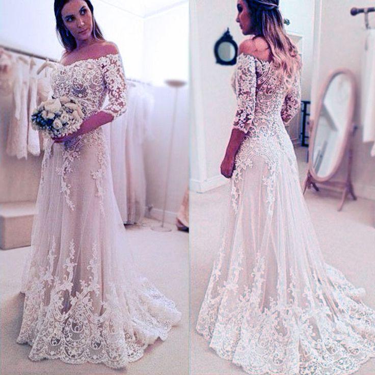 زفاف - Stunning Off Shoulder Half Sleeve Long A-line Wedding Party Dresses, WD0059