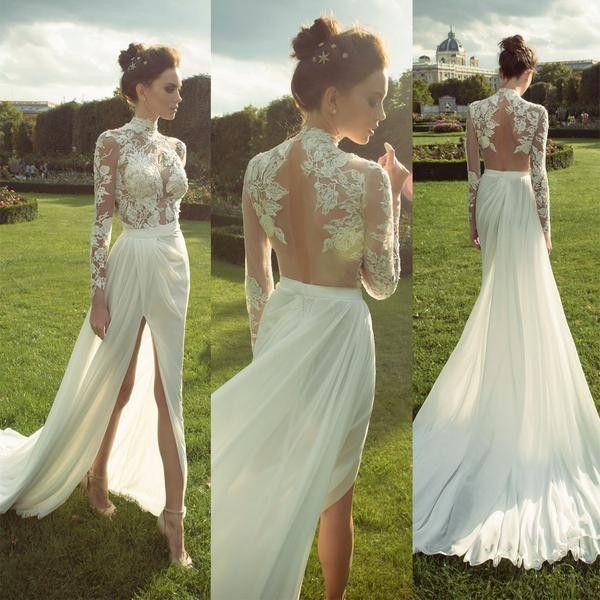 زفاف - Gorgeous High Neck Long Sleeve See Through Lace Top Side Slit Chiffon Wedding Dress, WD0110