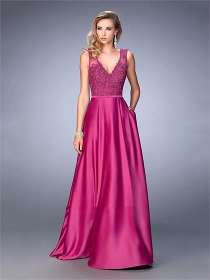 زفاف - Elegant A-line V-neck Embellished with Embroidery Satin Prom Dress PD3312