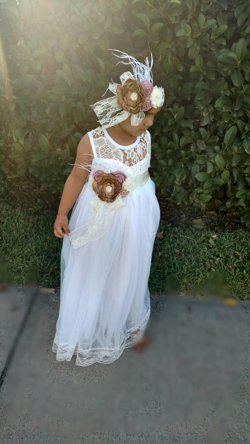 زفاف - Perfect White Tulle with Ivory Lace Flowergirl Dress for Wedding Christening Baptism  Birthday Party or any Special Occasions.
