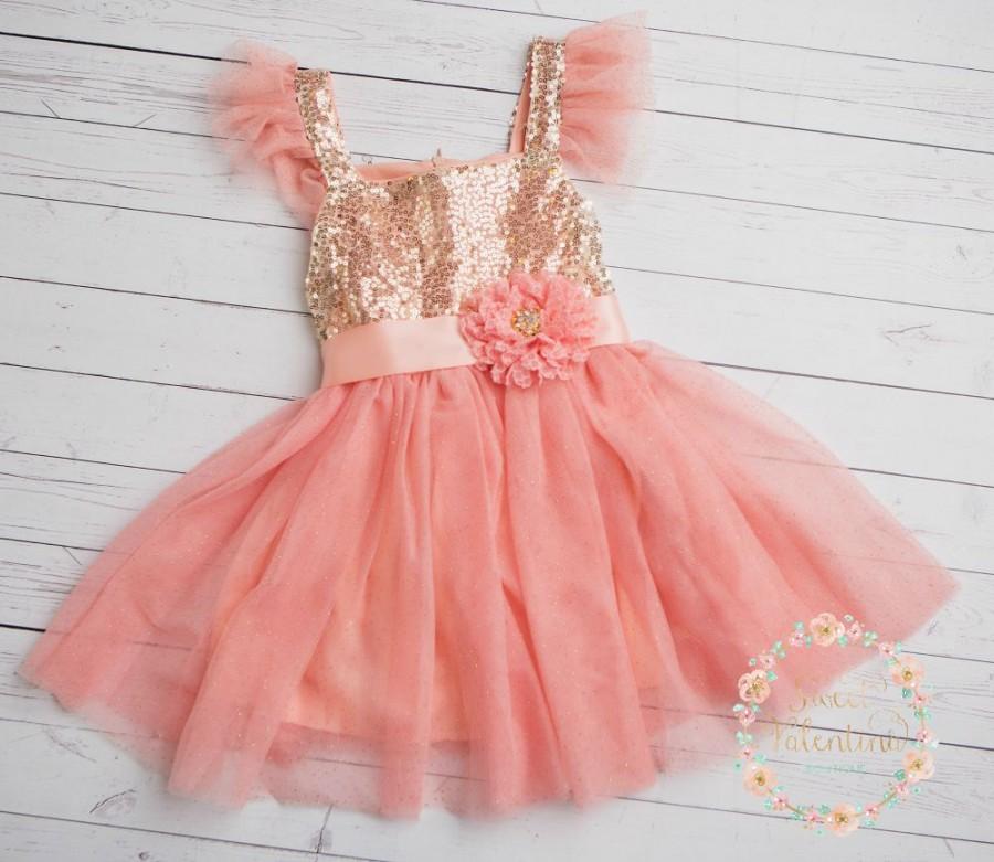 Wedding - Flower girl dress, Pink and gold girl dress,1st Birthday dress,Ivory Tulle dress, coral flower girl dress, Princess dress, Birthday dress,