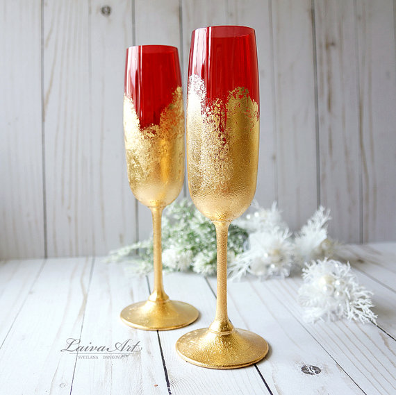 Hochzeit - Wedding Champagne Flutes Champagne Glasses Red Gold Wedding Toasting Flutes