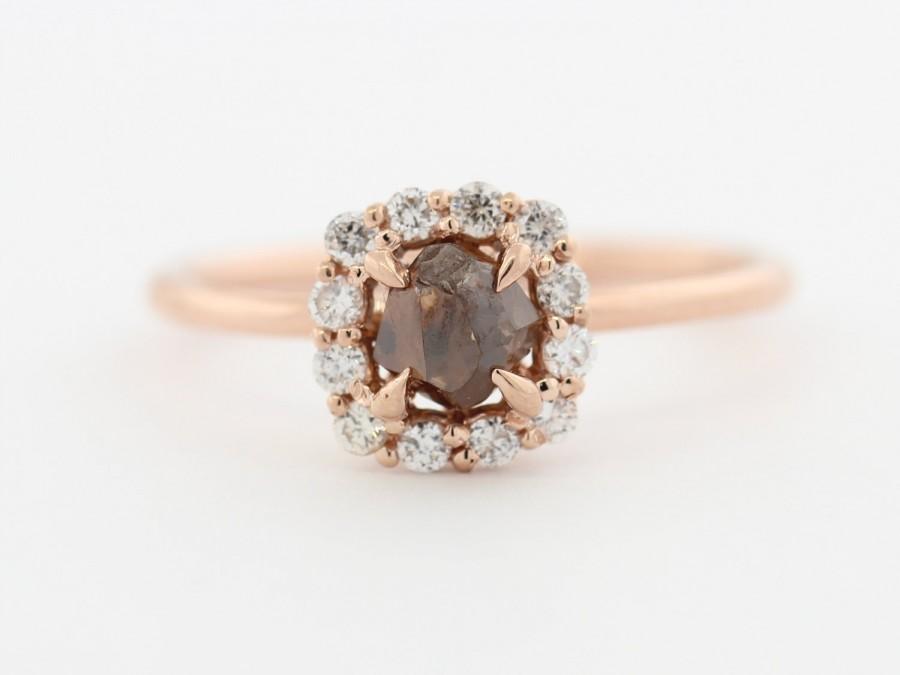 Mariage - Raw Diamond Ring, Rough Diamond Ring, Diamond Halo Engagement Ring Set in 14kt Rose Gold - Raw Diamond Ring - Uncut Diamond - 14kt Gold