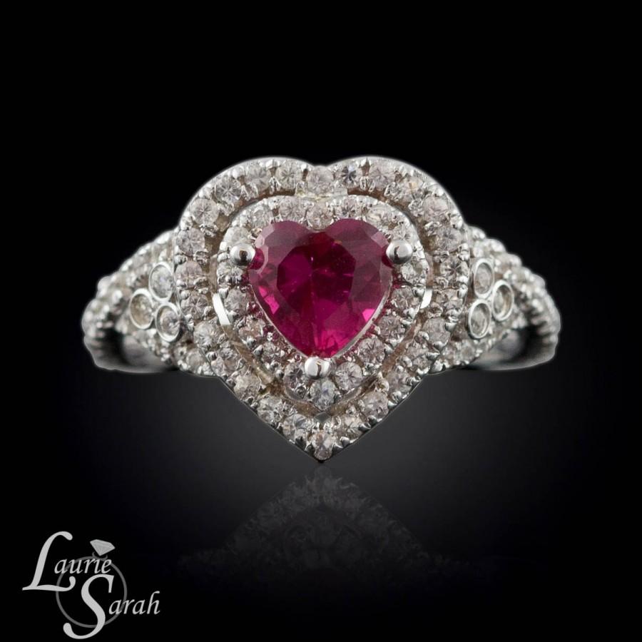 Hochzeit - Ruby Engagement Ring, Ruby Love Heart Ring with White Sapphire Double Halo and Twisted Shank - LS1350
