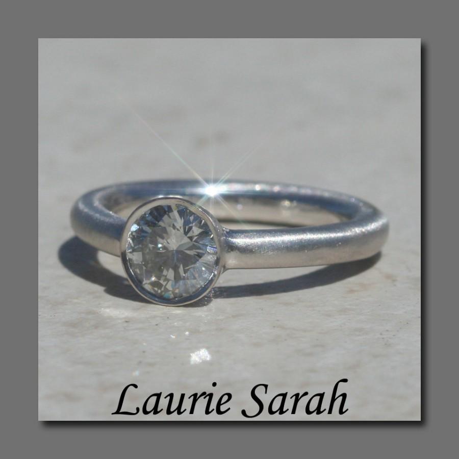 Hochzeit - Laurie Sarah Bezel Set Round 1 carat Diamond Engagement Ring in 14kt White Gold - Matte Finish - LS1668