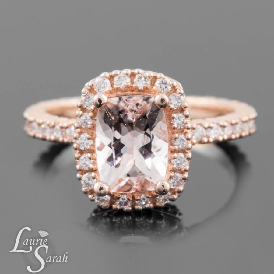 Wedding - Morganite Engagement Ring, Rose Gold Morganite Ring, Peach Morganite Ring, Rose Gold Morganite Halo Ring - LS3709