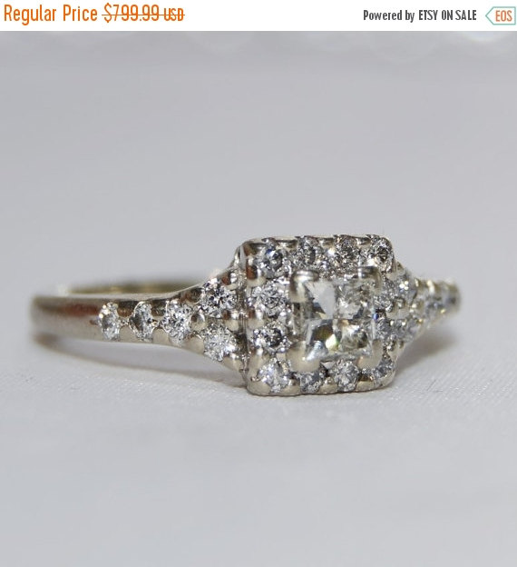 Wedding - HOLIDAY SAVINGS on 14k White Gold Vintage Diamond Princess Cut Halo Engagement Ring Size 7