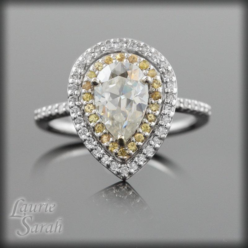 Свадьба - Pear Engagement Ring, Teardrop Moissanite Engagement Ring with yellow sapphire and diamond double halo - LS1980