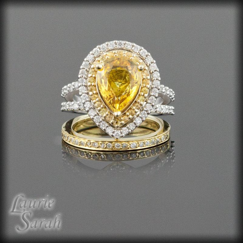 Hochzeit - Pear Engagement Ring, Yellow Sapphire and Diamond Wedding Set in 14k White and Yellow Gold, Sapphire Ring with Diamond Wedding Band - LS725